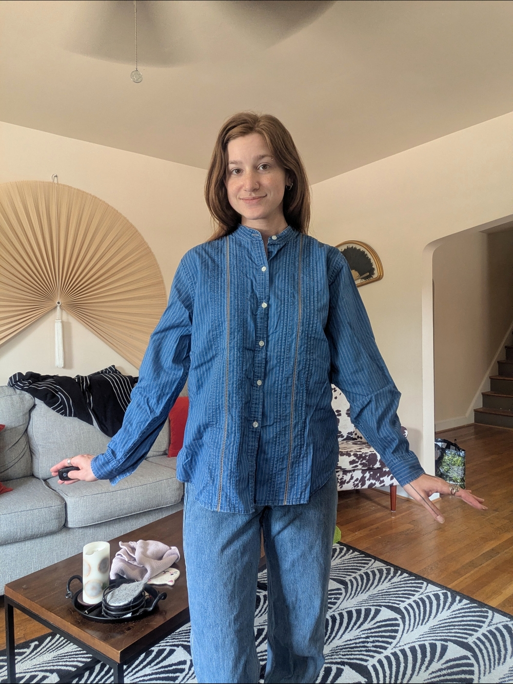 Ralph Lauren Jeans Striped Collarless Button Up with Pintucks
